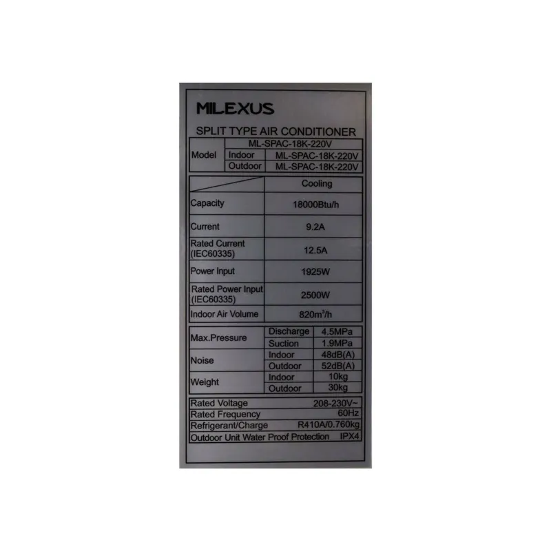 Aire acondicionado tipo split de 1.5 tonelada Milexus ML-SPAC-18K-220V 2